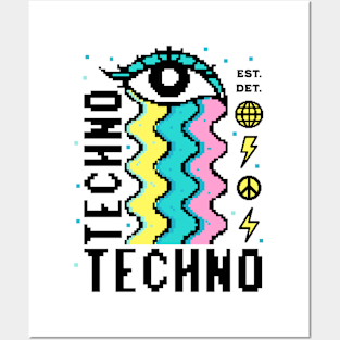 TECHNO  - 8 Bit Rainbow Tears (black/pink/blue) Posters and Art